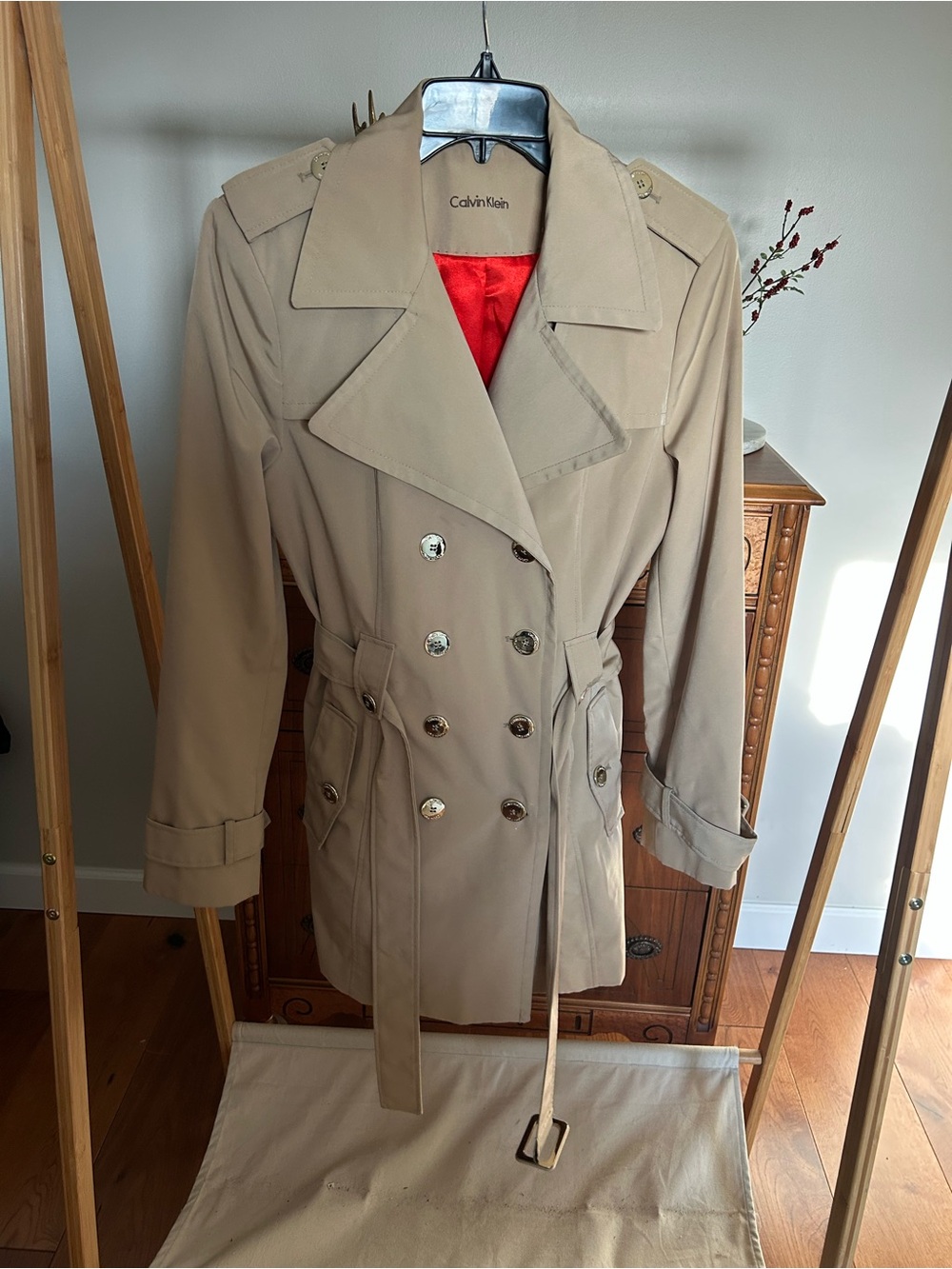 Calvin Klein Beige Trench Coat with Orange Lining
